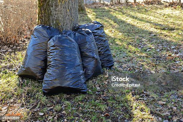 Plastic Garbage Bags Stock Photo - Download Image Now - Activity, Asphalt, Autumn
