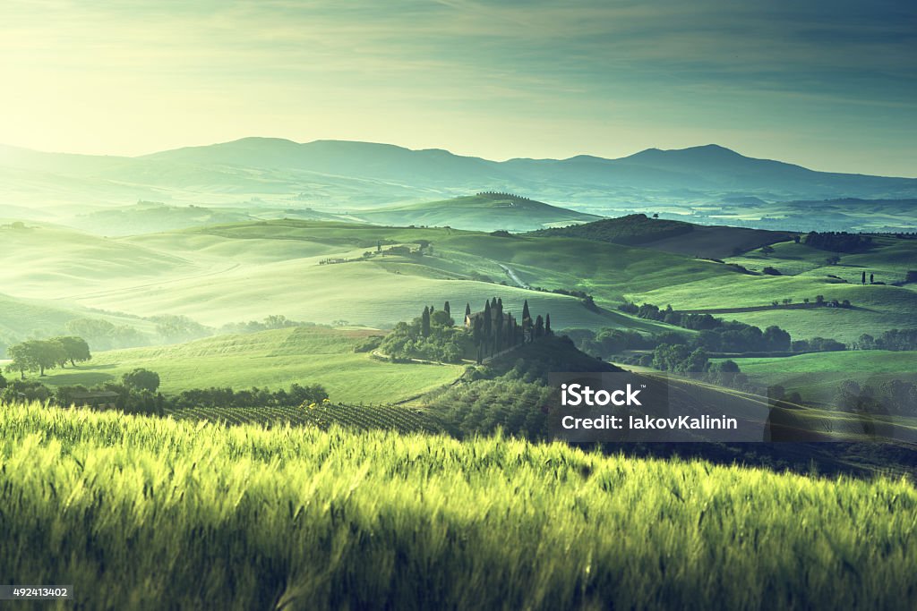 Früher Frühlingsmorgen in der Toskana, Italien - Lizenzfrei Landschaft Stock-Foto