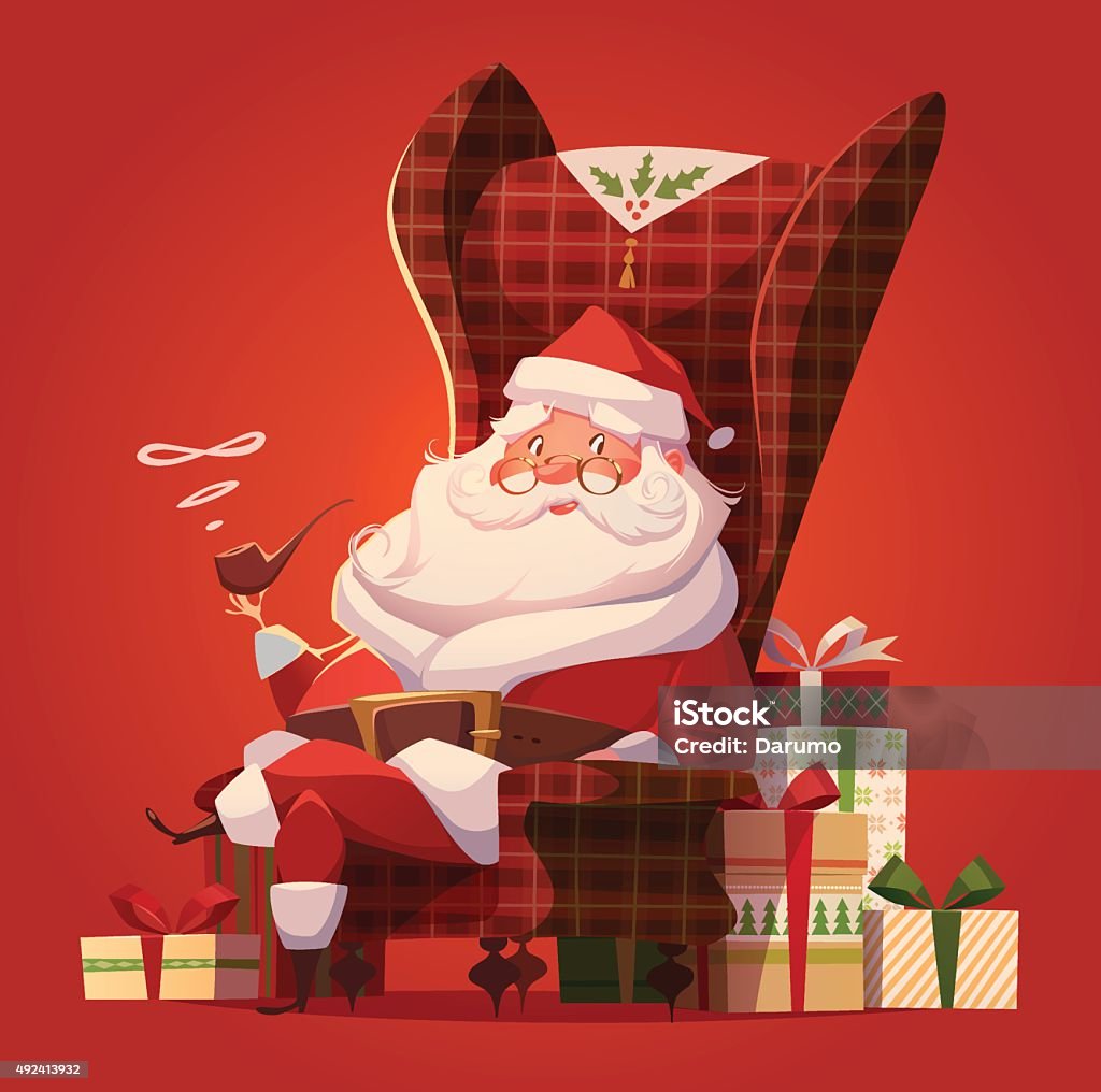 Santa Claus in the chair and a lot of gifts. Vector background. Could be used as greeting card, poster or banner. Santa Claus stock vector