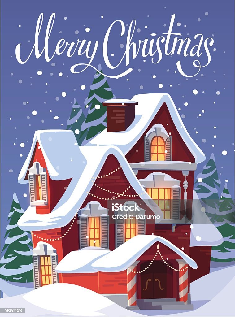 Christmas decorated house in snowfall Vector background. Could be used as greeting card, poster or banner. Christmas stock vector