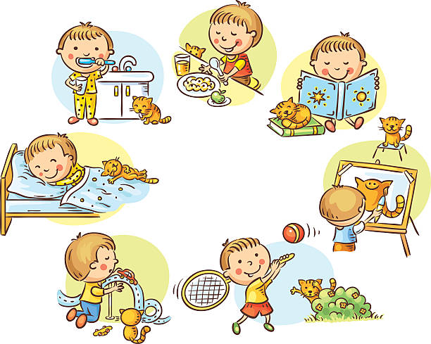 ilustrações, clipart, desenhos animados e ícones de menino de atividades diárias - little boys cartoon child drawing
