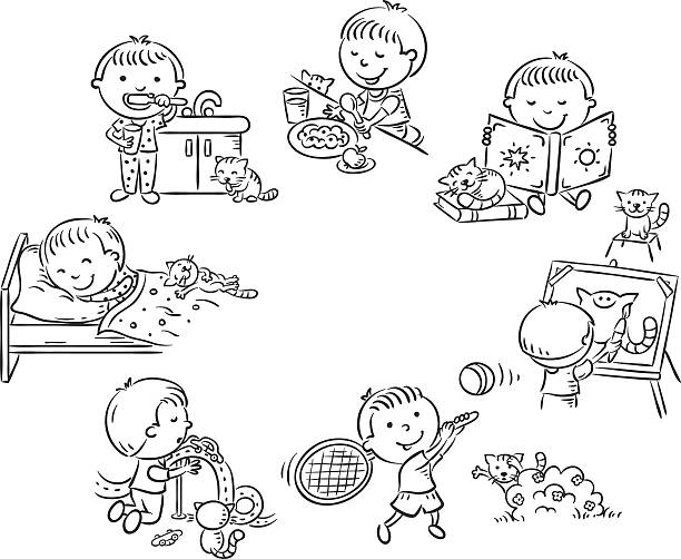 kleine junge die täglichen aktivitäten, schwarzen und weißen kontur - indoor tennis illustrations stock-grafiken, -clipart, -cartoons und -symbole