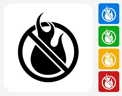 Non Flammable Icon. This 100% royalty free vector illustration features the main icon pictured in black inside a white square. The alternative color options in blue, green, yellow and red are on the right of the icon and are arranged in a vertical column.