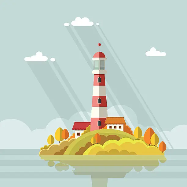 Vector illustration of Seascape. Lighthouse on the island on a background of clouds. Flat