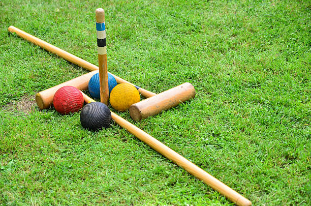 Croquet set on grass stock photo