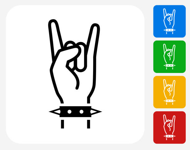 Rock Icon Flat Graphic Design Rock Icon. This 100% royalty free vector illustration features the main icon pictured in black inside a white square. The alternative color options in blue, green, yellow and red are on the right of the icon and are arranged in a vertical column. horn sign stock illustrations