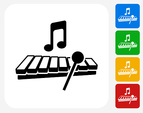 Music Instrument Icon. This 100% royalty free vector illustration features the main icon pictured in black inside a white square. The alternative color options in blue, green, yellow and red are on the right of the icon and are arranged in a vertical column.