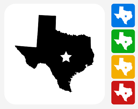 Texas Map Icon. This 100% royalty free vector illustration features the main icon pictured in black inside a white square. The alternative color options in blue, green, yellow and red are on the right of the icon and are arranged in a vertical column.