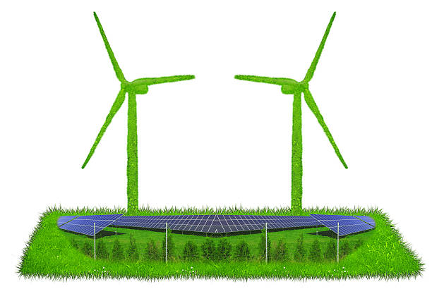 istock Wind turbines  made out of grass with solar panels 492419634