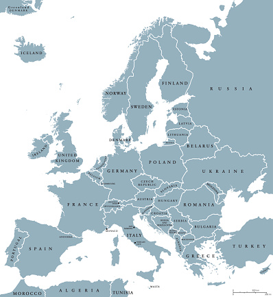 Europe countries political map with national borders and country names. English labeling and scaling. Illustration on white background.