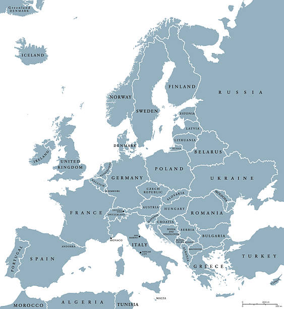 Europe Countries Political Map Europe countries political map with national borders and country names. English labeling and scaling. Illustration on white background. eastern europe stock illustrations