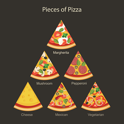 Pieces of different types pizza in flat style.