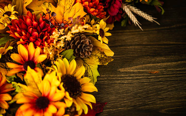 istock Fall themed decorations forming border on wooden background. Thanksgiving celebrations. 492423848