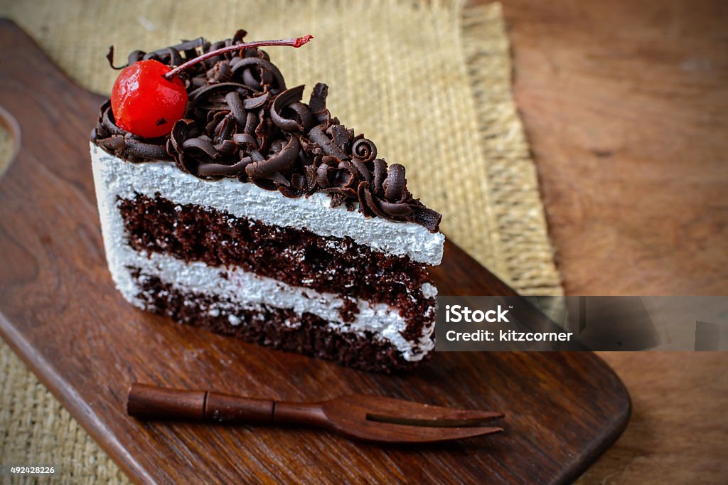 Black Forest, Chocolate cake on wooden table Black Forest Cake Stock Photo