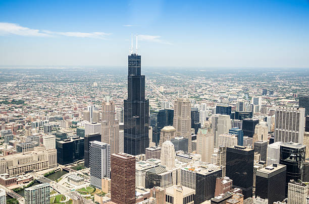 chicago skyline luftbild - sears tower stock-fotos und bilder