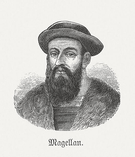 Ferdinand Magellan (1480-1521), Portuguese navigator, wood engraving, published in 1881 Ferdinand Magellan (1480 - 1521), Portuguese navigator who sailed on behalf of the Spanish crown. Magellan began the first circumnavigation of the globe, but could not finish them personally, as he was killed while traveling. Woodcut engraving, published in 1881. round the world travel stock illustrations