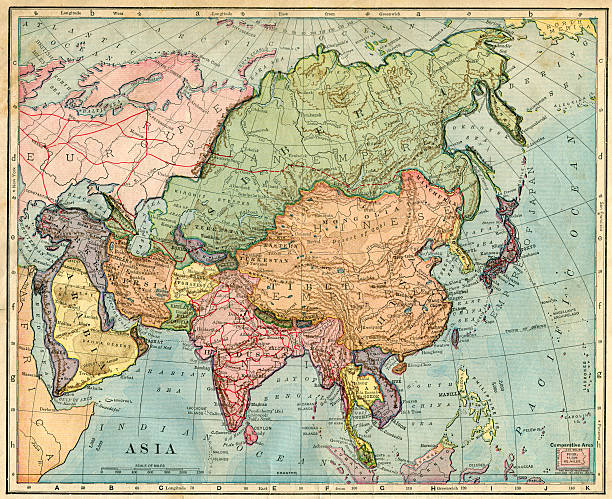 Map Of Asia 1896 A map of Asia from 1896. world map china saudi arabia stock pictures, royalty-free photos & images