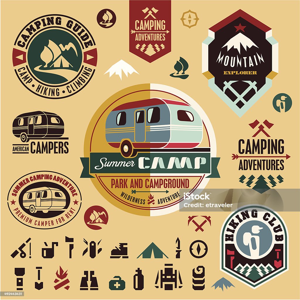 Camping icons. Camping equipment. Mountain. Camping icons. Camping equipment. Mountain. Camper. Camp badges and labels set. Vector stock vector