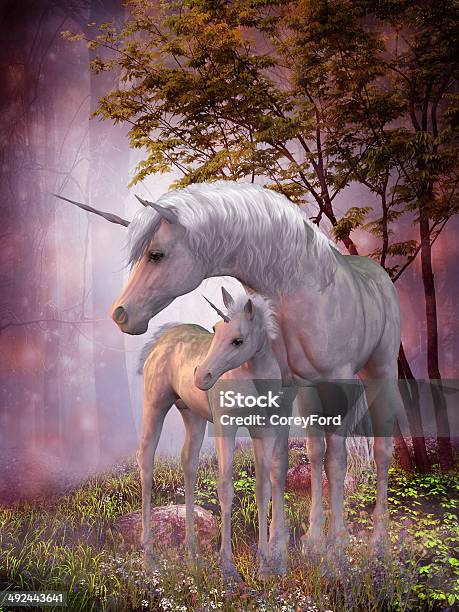 Unicorn Mare And Foal Stock Photo - Download Image Now - Unicorn, Illustration, Horse