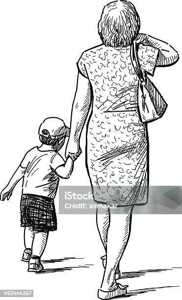 Mère Avec Fils Sur Une Marche Vecteurs libres de droits et plus d'images vectorielles de Adulte - Adulte, Bébé, Croquis