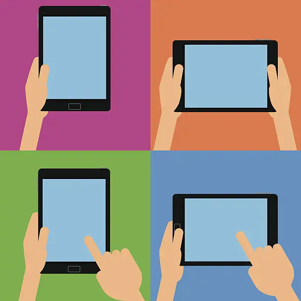 Vector illustration of Hands holding tablet computer and touching the screen