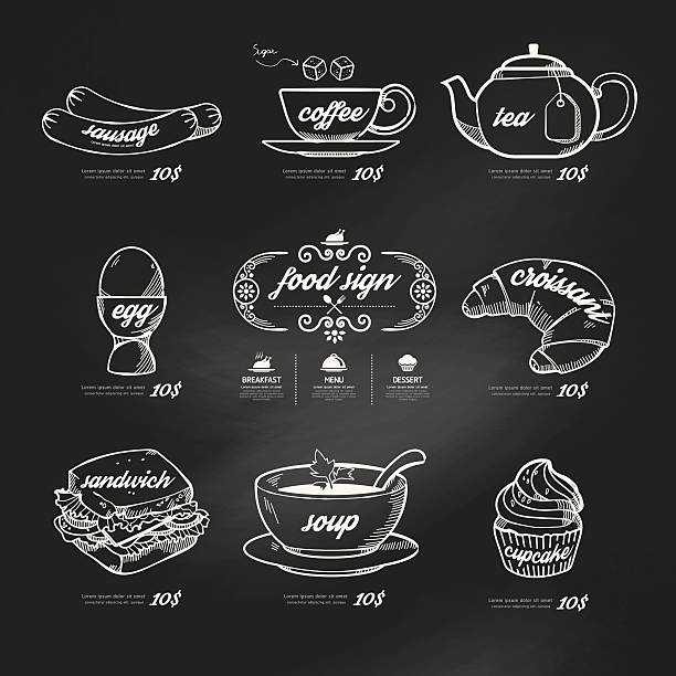 illustrazioni stock, clip art, cartoni animati e icone di tendenza di doodle disegnato icone del menu su sfondo vintage chalkboard .vector - soup