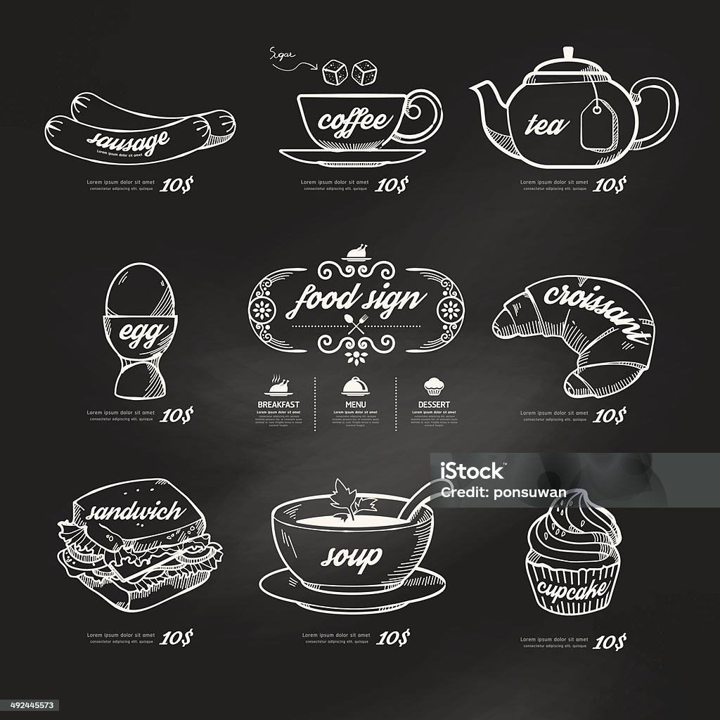 menu icons doodle drawn on chalkboard background .Vector vintage menu icons doodle drawn on chalkboard background .Vector vintage style Soup stock vector