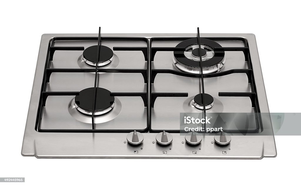 Steel gas lifted Stainless steel gas hob isolated on white Stove Stock Photo