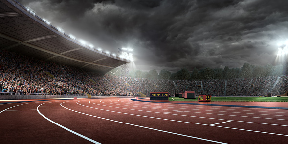 Outdoor floodlit stadium full of spectators under stormy evening sky and fog. Image made in 3D.