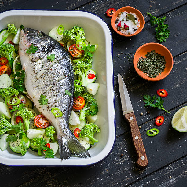 istock raw ingredients - Dorado fish and vegetables 492456362