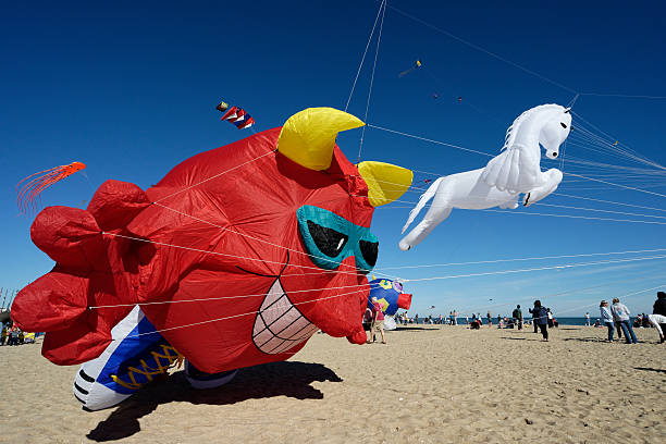 Long Beach Island, NJ, USA - October 11, 2015; Large inflatable show-kites are tethered to large anchor kites (outside frame) during the inaugural 'LBI FLY' Int'l Kite Festival at Ship Bottom Beach, Long Beach Island, NJ. (photo by Bastiaan Slabbers)