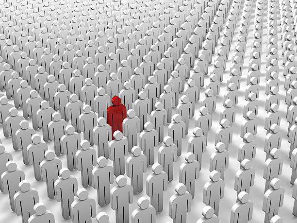 istock Single red 3D people figure in group of white figures. 492459846