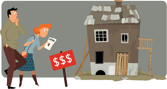 Shocked couple looking at a high price label of a run down small house, vector illustration, ESP 8, no transparencies