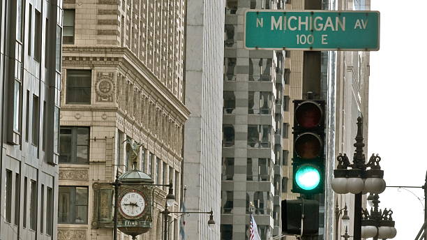 istock Chicago- Michigan Avenue, road signs, clock 492483426