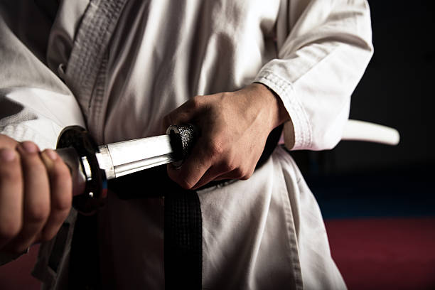 istock Young martial arts fighter with katana 492486102