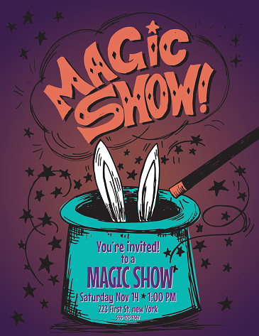 Hand Drawn Magic Show Birthday Party Invitation Template. A magician hat with a magic wand and rabbit ears. The text 