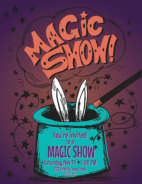 Hand Drawn Magic Show Birthday Party Invitation Template Hand Drawn Magic Show Birthday Party Invitation Template. A magician hat with a magic wand and rabbit ears. The text "Magic Show" is hand drawn typography. magic show stock illustrations