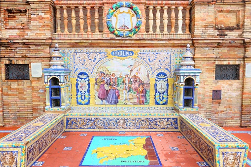 Seville, Spain - November 3, 2012: Detail of famous Plaza de Espana in Seville. The Renaissance revival and art deco styles landmark was completed in 1928.