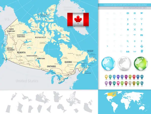 Vector illustration of Canada Detailed Map With It's States And Icons
