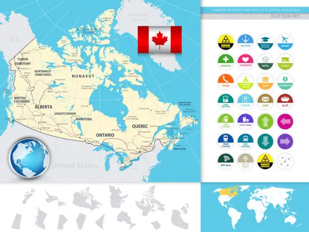 Vector illustration of Canada Detailed Map With It's States And Flat Icons