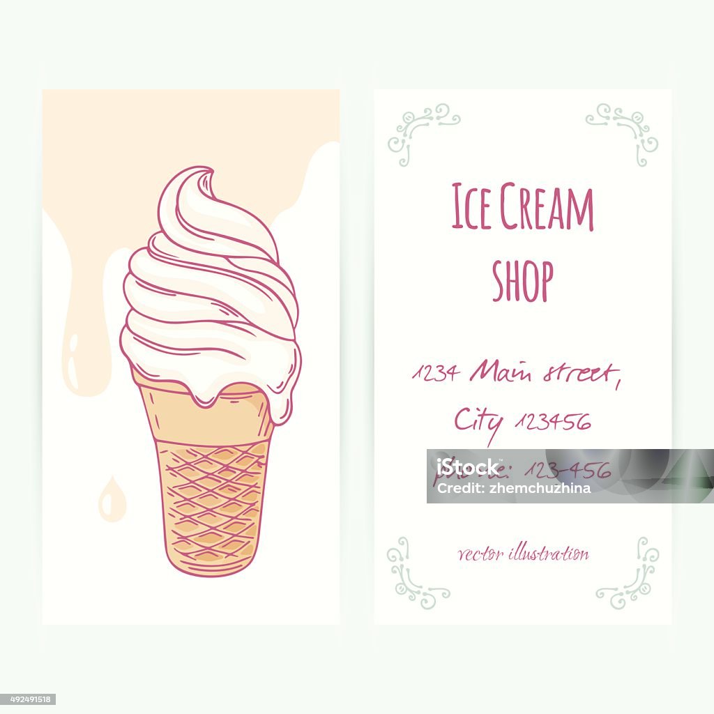 Business card with hand drawn ice cream sundae in waffle Business card template with hand drawn ice cream sundae in waffle cone and drops. Vector illustration. Sweet background with ice cream and place for text 2015 stock vector