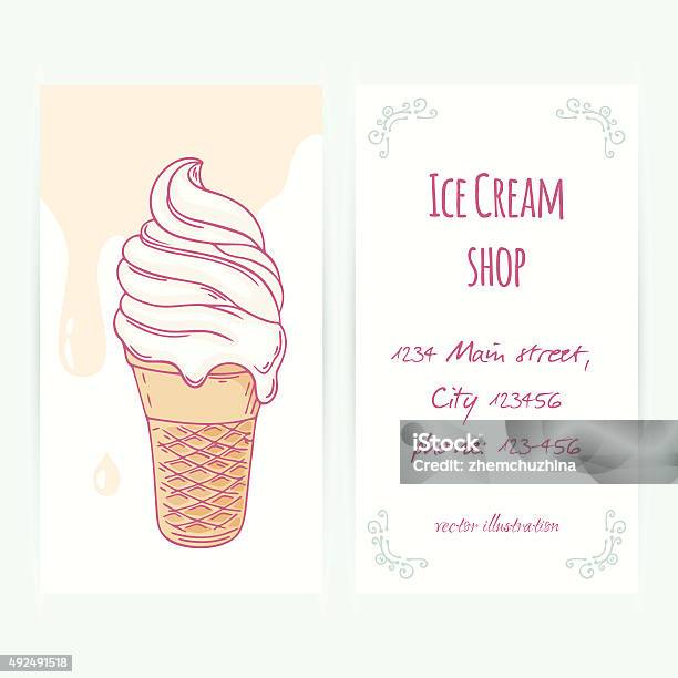 Business Card With Hand Drawn Ice Cream Sundae In Waffle Stock Illustration - Download Image Now