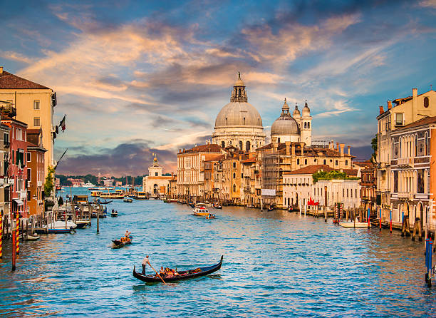 canal grande und santa maria della salute, venedig, italien bei sonnenuntergang - italy adriatic sea summer europe stock-fotos und bilder