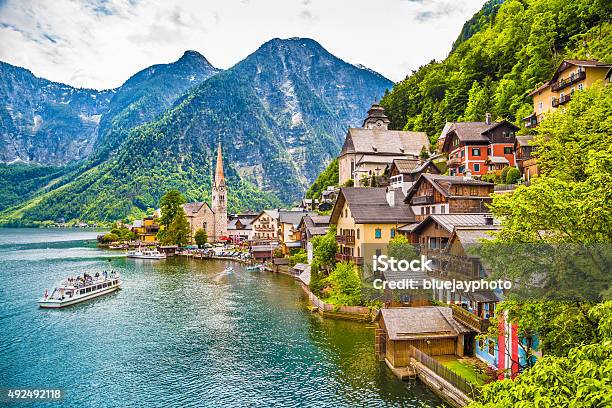 Hallstatt Mountain Village Salzkammergut Austria Stock Photo - Download Image Now - Hallstatt, Hallstatter See, 2015