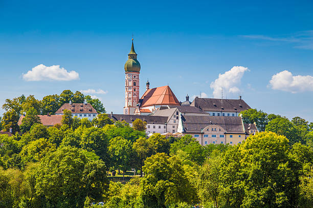 Beautiful view of famous Andechs Abbey on top of a hill in summer, district of Starnberg, Upper Bavaria, Germany.