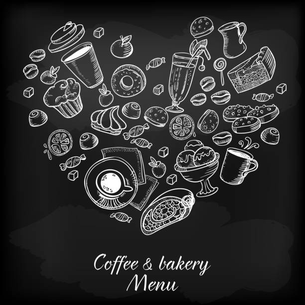 Coffee and bakery hand drawing illustration Coffee and bakery sketch. Loving sweets. Food vector illustration. Chalk drawing at black board. food cake tea sketch stock illustrations