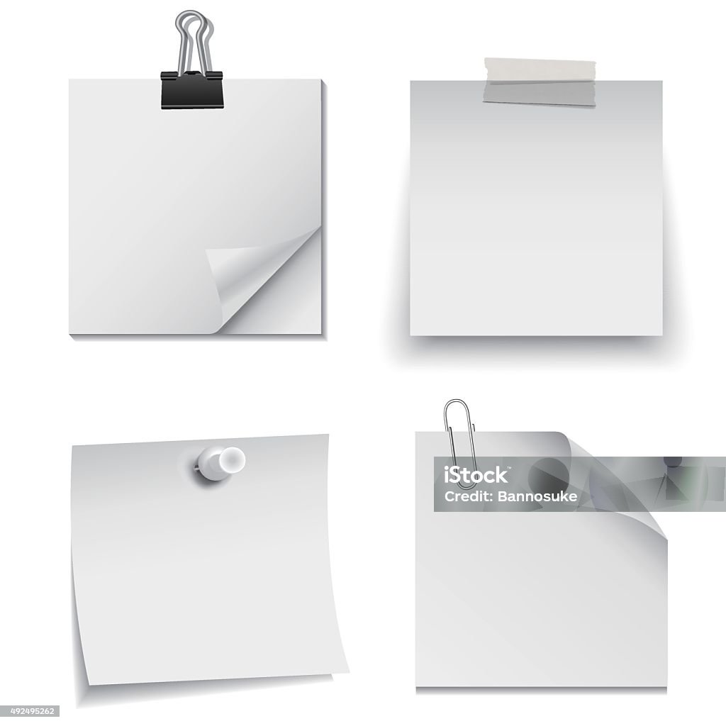 Set of white paper notes with paper clip, tape, and pin Vector EPS 10 format. Adhesive Note stock vector