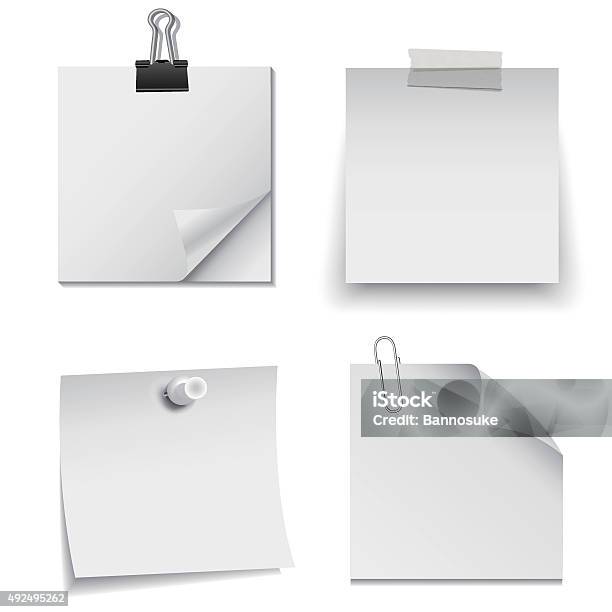 Set Of White Paper Notes With Paper Clip Tape And Pin Stock Illustration - Download Image Now