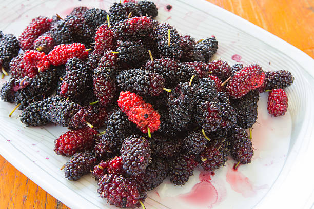 istock Ripe black and red mulberry on a white dish. 492498007