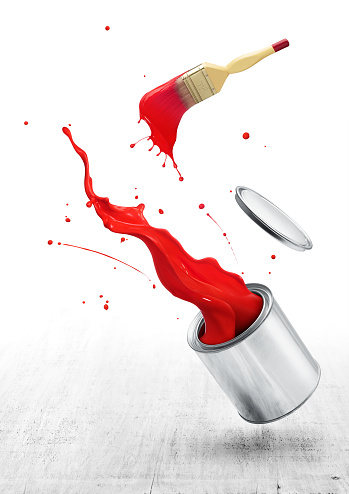 red paint splashing out from its bucket with paintbrush